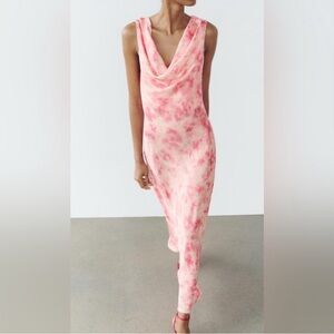 Zara Pink and White Cowl Neck Sheath Maxi Dress
